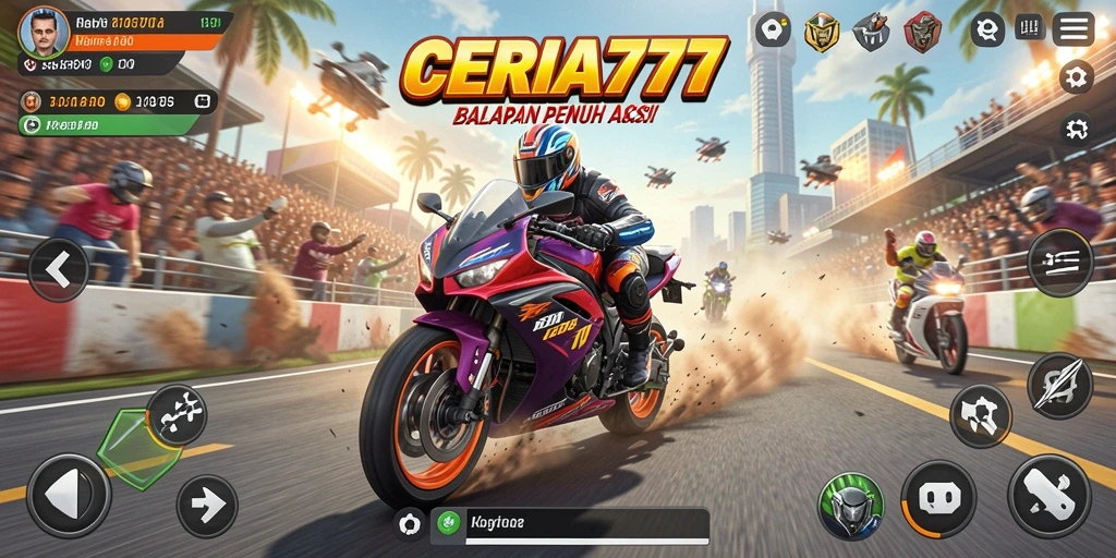 Screenshot utama CERIA777 menampilkan aksi balapan motor yang seru dan mendebarkan.