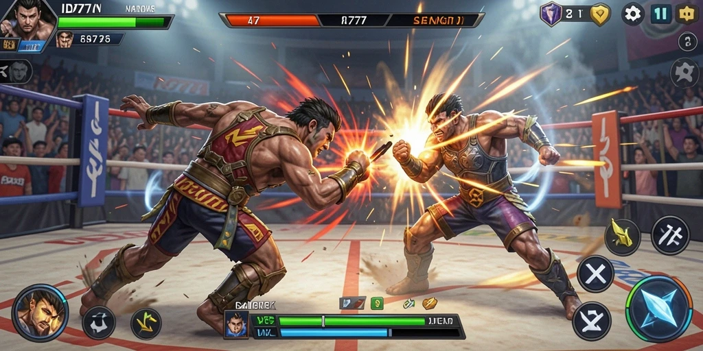 Screenshot utama ID777 menampilkan pertarungan intens antara karakter di arena.