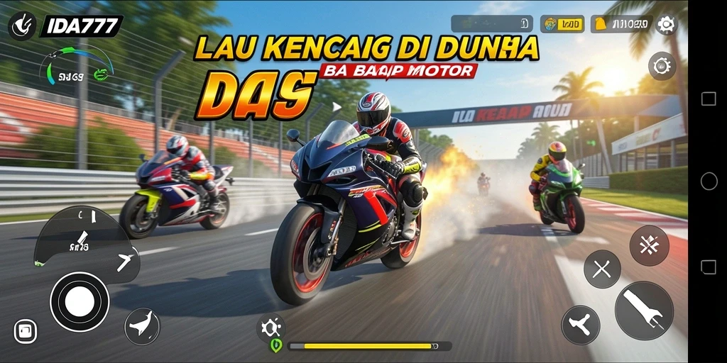 Screenshot utama IDA777 menampilkan aksi balap motor yang mendebarkan.