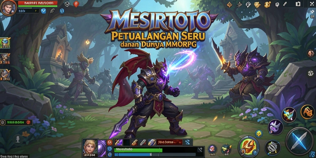 Screenshot gameplay <strong>MESIRTOTO</strong> menunjukkan pertarungan epik di dunia fantasi yang kaya.