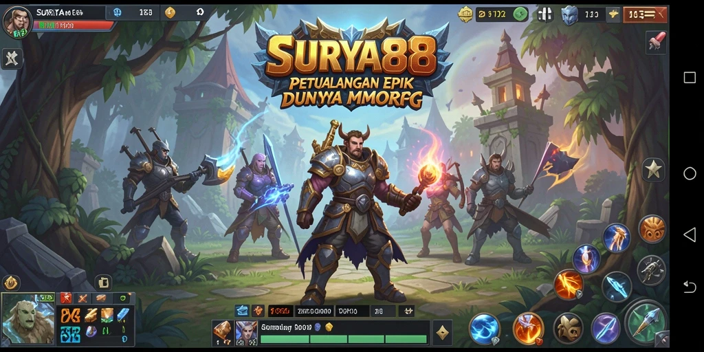 Screenshot gameplay SURYA88 menunjukkan pertarungan seru di dunia fantasi.